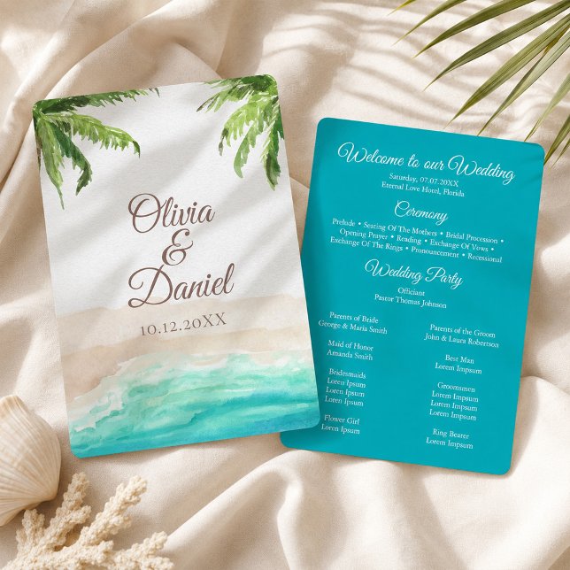 Akvarell Tropisk Strand och Palmträd Bröllop Program (Watercolor Tropical Beach and Palm Trees Wedding Program)