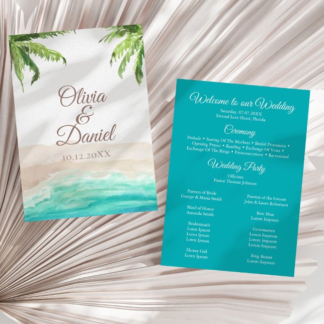 Akvarell Tropisk Strand och Palmträd Bröllop Program (Tropical Beach and Palm Trees Wedding Program on a sunny white dry palm leaf.)