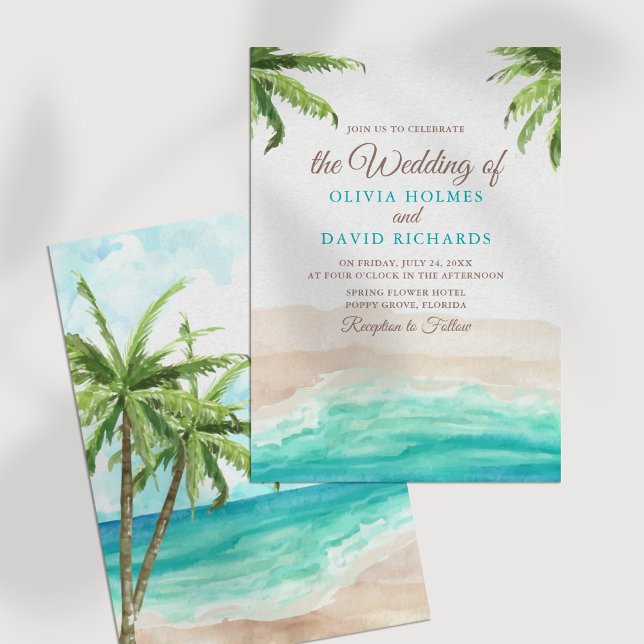 Akvarell Tropisk Strand & Palmer Bröllop Inbjudningar (Watercolor Tropical Beach and Palm Trees Wedding Invitation on a white table.)