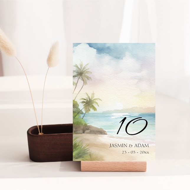 Akvarell Tropisk Strand Palmtree Bröllop Bordsnummer (Watercolor Tropical Beach Palm Trees Wedding Table Number)