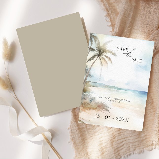 Akvarell Tropisk Strand Palmtree Spara Datumet (Watercolor Tropical Beach Palm Trees Wedding Save The Date Card)