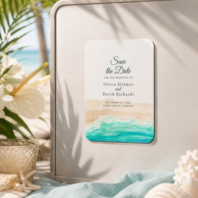 Akvarell Tropisk Strand Spara Datumet Magnet (Watercolor Tropical Beach Save the Date Magnet)