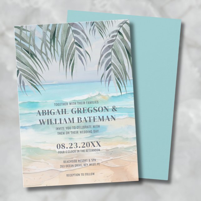 Akvarell Tropisk Strandbröllop Inbjudningar (Coastal Watercolor Tropical Summer Beach Wedding Invitation)