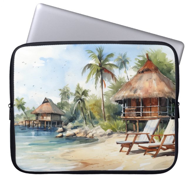 AKVARELL TROPISK STRANDSCEN LAPTOP FODRAL (Framsidan)