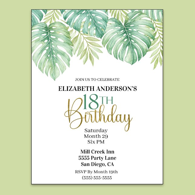 Akvarell Tropiska blad 18-årsdag Inbjudningar (Watercolor Tropical Leaves 18th Birthday Invitation For Women.)