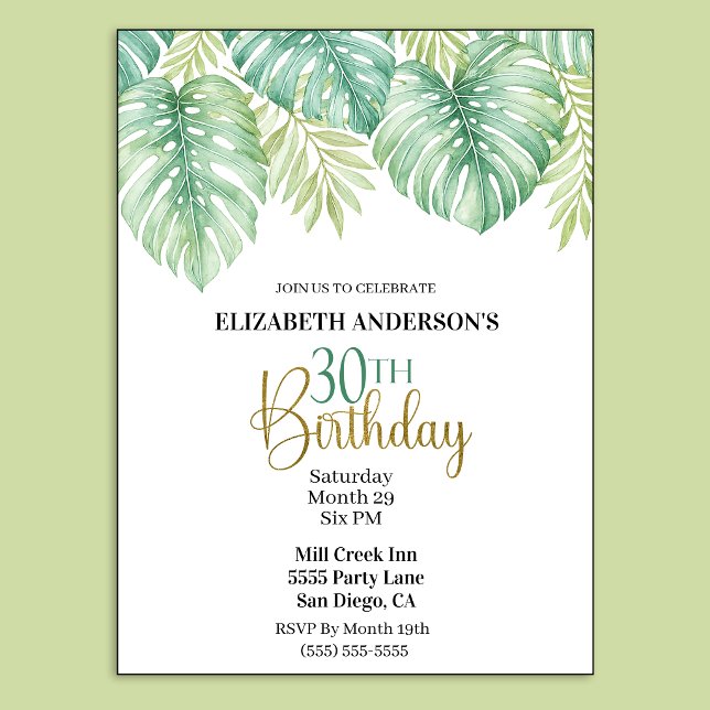 Akvarell Tropiska blad 30-årsfest Inbjudningar (Watercolor Tropical Leaves 30th Birthday Invitation.)