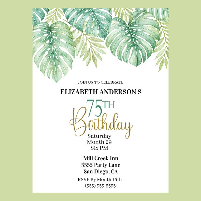 Akvarell Tropiska blad 75-årsdag Inbjudningar (Watercolor Tropical Leaves 75th Birthday Invitation For Women.)