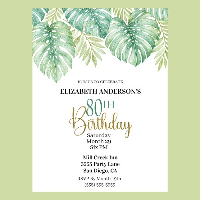 Akvarell Tropiska blad 80-årsdag Inbjudningar (Watercolor Tropical Leaves 80th Birthday Invitation For Women.)