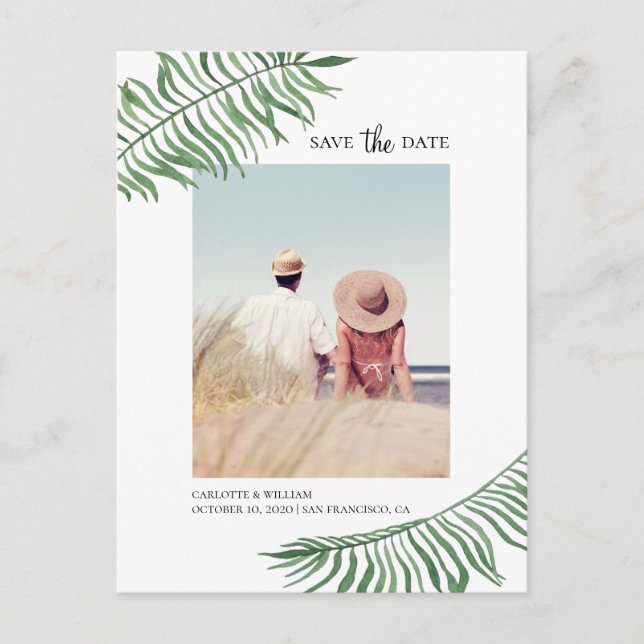 Akvarell tropiska blad. Exotiskt Save the Date Vykort (Framsida)