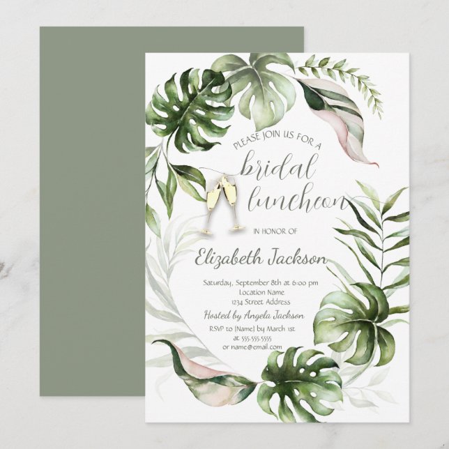 Akvarell Tropiska blad Grönska  Inbjudningar (Fram/baksida)