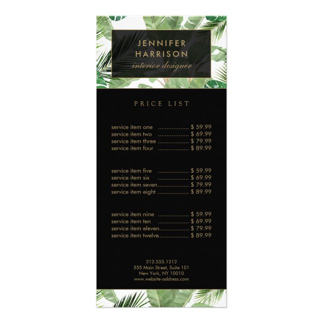 Akvarell Tropiska Blad Mönster Svart/Vit Reklamkort (Framsidan)