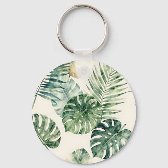 Akvarell Tropiska blad Monstera Palm Mönster Nyckelring (Framsida)