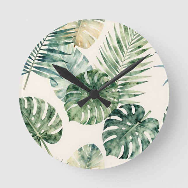 Akvarell Tropiska blad Monstera Palm Mönster Rund Klocka (Framsida)