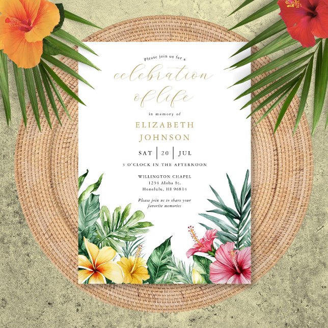 Akvarell Tropiska Blommor Firande Av Livet Inbjudningar (Watercolor Tropical Flowers Celebration Of Life Invitation)