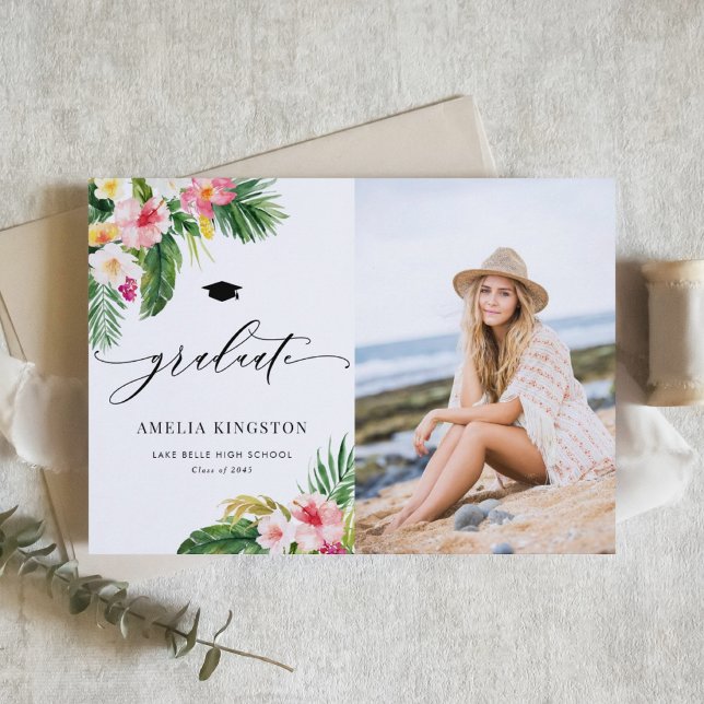 Akvarell Tropiska Blommor Foto Examen Meddelande (Customizable summer photo graduation announcement featuring tropical flowers and greenery.  )