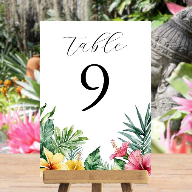 Akvarell Tropiska Blommor Grönska Bordnummer Inbjudningar (Watercolor Tropical Flowers Greenery Table Number)