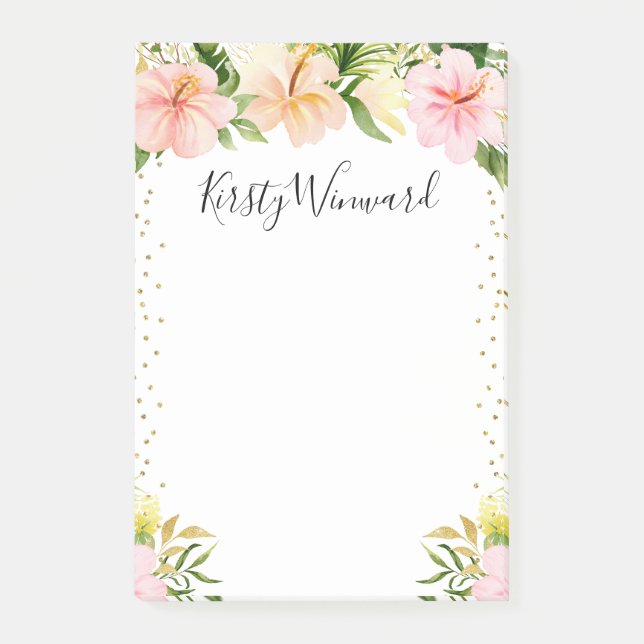Akvarell Tropiska Blommor Guld Konfetti Post-it Block (Framsida)