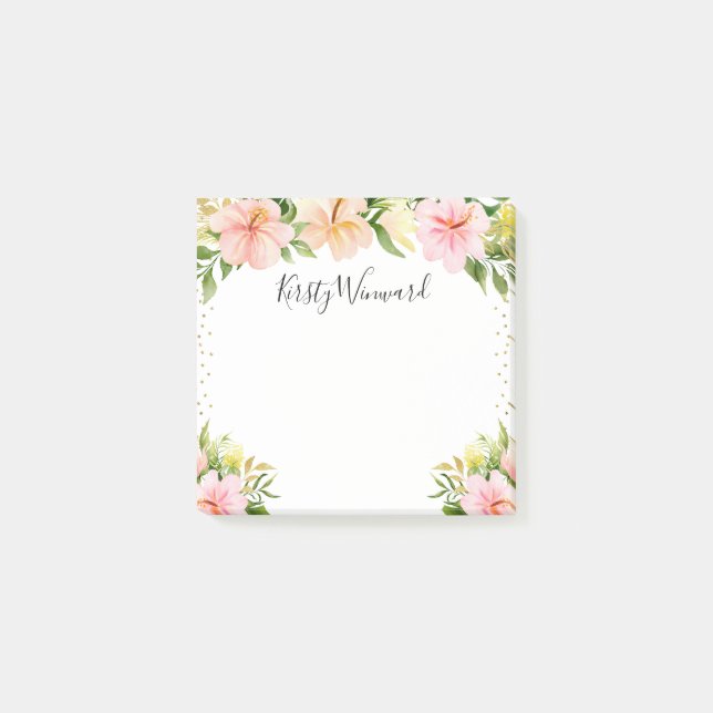 Akvarell Tropiska Blommor Guld Konfetti Post-it Block (Framsida)