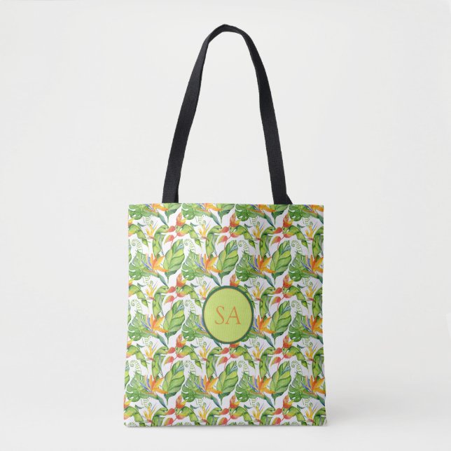Akvarell Tropiska Monstera Blad Monogram Tygkasse (Framsida)