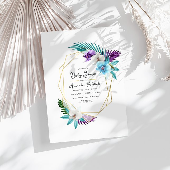 Akvarell Tropiska Orkidéer Geometrisk Bebis Shower Inbjudningar (Watercolor Tropical Orchids Geometric Baby Shower Invitation)