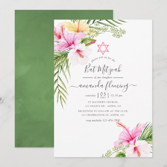 Akvarell Tropiskt Blommigt Bat Mitzvah Inbjudningar (Fram/baksida)