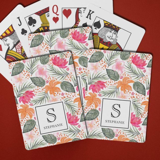 Akvarell Tropiskt Blommönster med Monogram Casinokort (Skapare uppladdad)