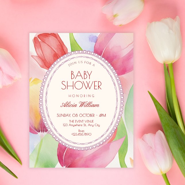 Akvarell tulpaner blommar baby shower inbjudningar (Skapare uppladdad)
