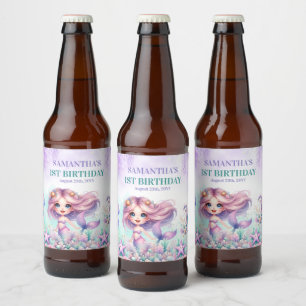Akvarell turkos lila havsfröken 1-årsdag ölflaska etikett