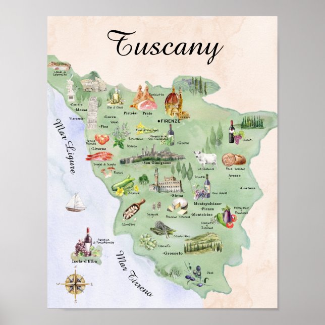 Akvarell Tuscany Mat & Landmärke Karta Poster (Framsidan)