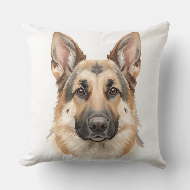Akvarell Tysk Shepherd Hund Ansikte Dekorativ Kudde (Framsida)