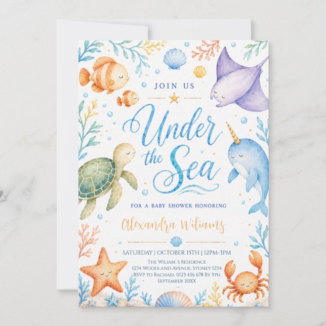 Akvarell Under havet Baby Shower Inbjudningar (Framsida)