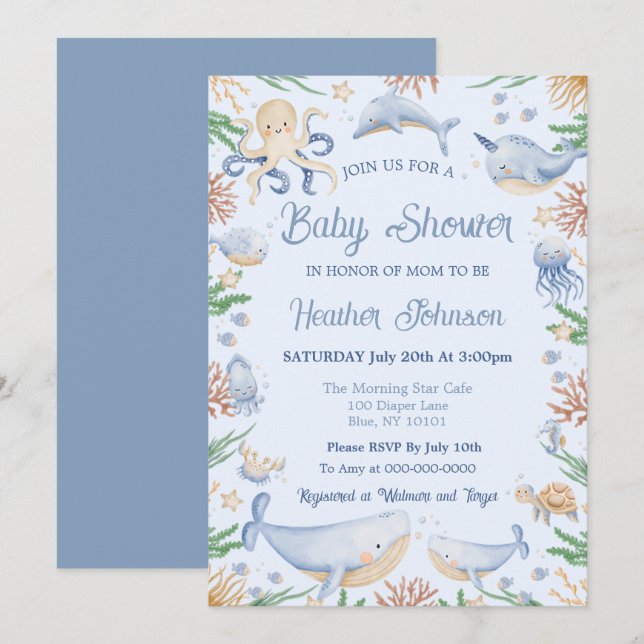 Akvarell Under Havet Baby Shower Inbjudningar (Fram/baksida)