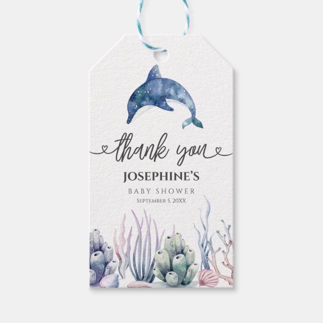 Akvarell Under havet Baby Shower Tacksamhetsetiket Presentetikett (Framsidan)