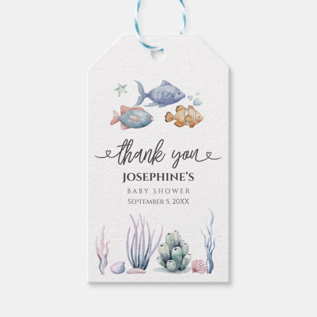 Akvarell Under havet Baby Shower Tacksamhetsmärke Presentetikett (Framsidan)