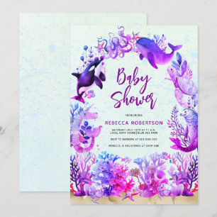 Akvarell under havet lila flicka Baby Shower Inbjudningar