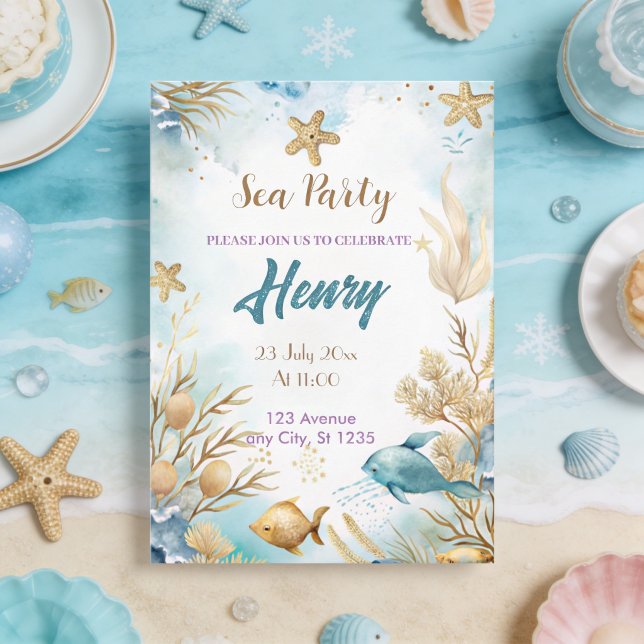 akvarell undervattensguld födelsedagsfest  inbjudningar (Skapare uppladdad)