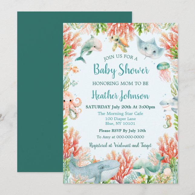 Akvarell Undervattensvärlden Baby Shower Inbjudningar (Fram/baksida)