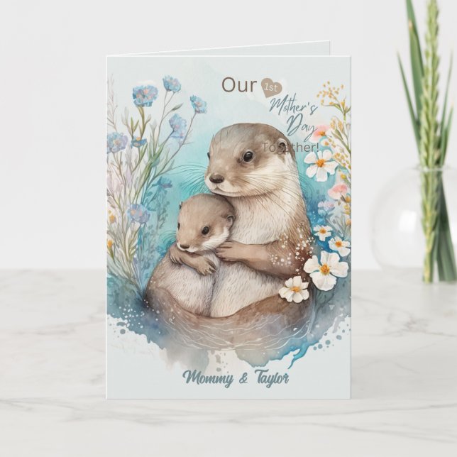 Akvarell Utter och Bebis, första mors dag Kort (Framsida)