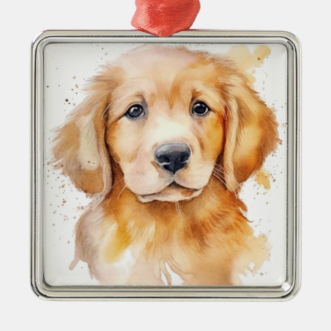 AKVARELL VACKER GULDEN RETRIEVER HUND JULGRANSPRYDNAD METALL (Framsidan)
