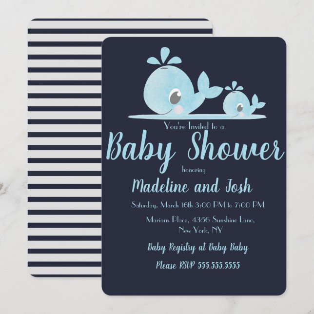Akvarell Val Baby Shower Randig Blå Inbjudningar (Fram/baksida)