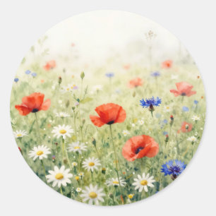 Akvarell Vallmo Tusenskönor Kornblomma Ängsmönster Runt Klistermärke