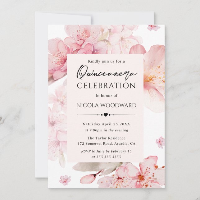 Akvarell Vår Körsbärsblommor Quinceanera Inbjudningar (Framsida)