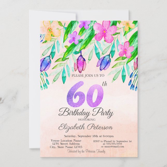 Akvarell Vårblommor 60-årsdag Inbjudningar (Framsida)