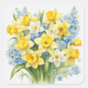 Akvarell Vårblommor Narcisser Fyrkantigt Klistermärke