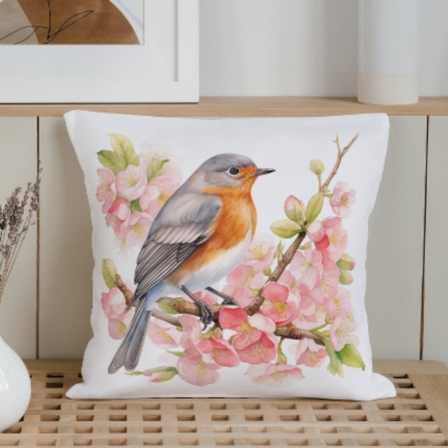 Akvarell Vårfåglar och Blomningar Kudde (Skapare uppladdad)