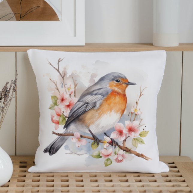 Akvarell Vårfåglar och Blomningar Kudde (Skapare uppladdad)