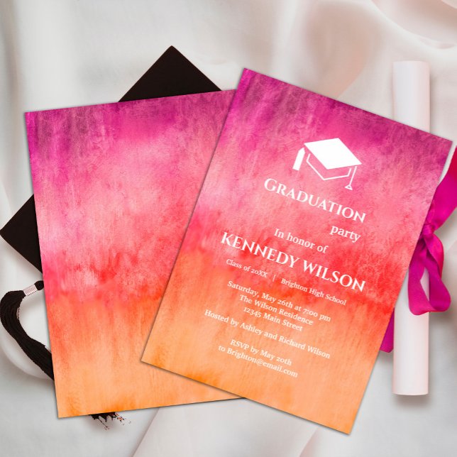 Akvarell varmröd och orange examen inbjudningar (#brightandboldgraduationinvitation #springcolor #trendyinvitation)