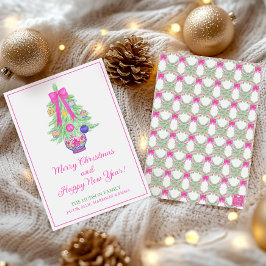 Akvarell varmt rosa rosett Gingerkruka julgran Julkort