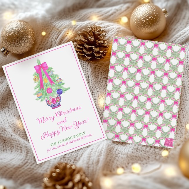 Akvarell varmt rosa rosett Gingerkruka julgran Julkort (Skapare uppladdad)