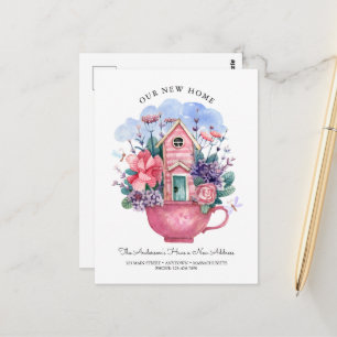 Akvarell Vårt Nya Hem Rosa Tekopp Blommig  Vykort